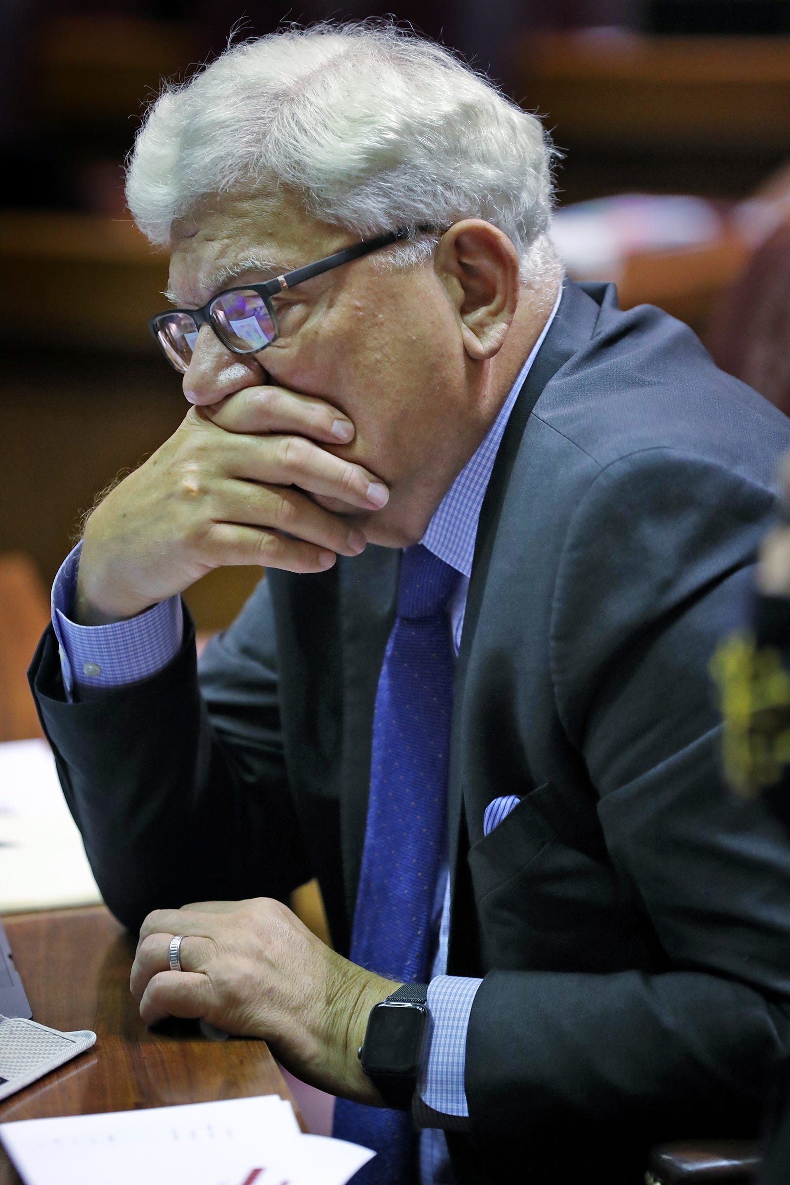 Rep. Ed Soliday, R-Valparaiso, listens in at the Indiana Statehouse. Soliday is the chair of the House Utilities Committee, which discusses many bills and topics relevant to energy and electricity topics in the state, including rate affordability.