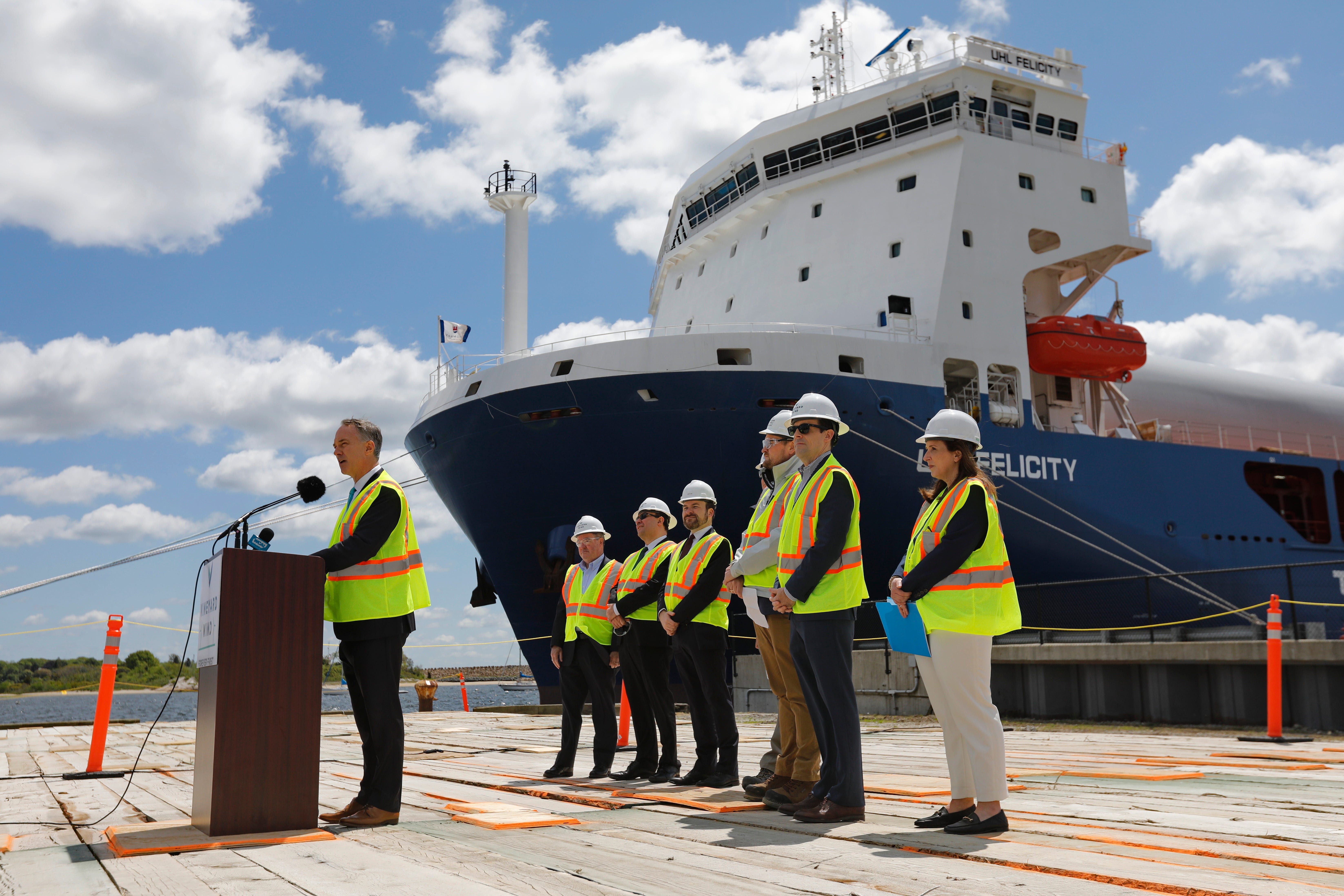 New Bedford mayor Jon Mitchell speaks at a press conference celebrating the first ship carrying turbine components for Vineyard Wind which arrived at the Marine Commerce Terminal in New Bedford.