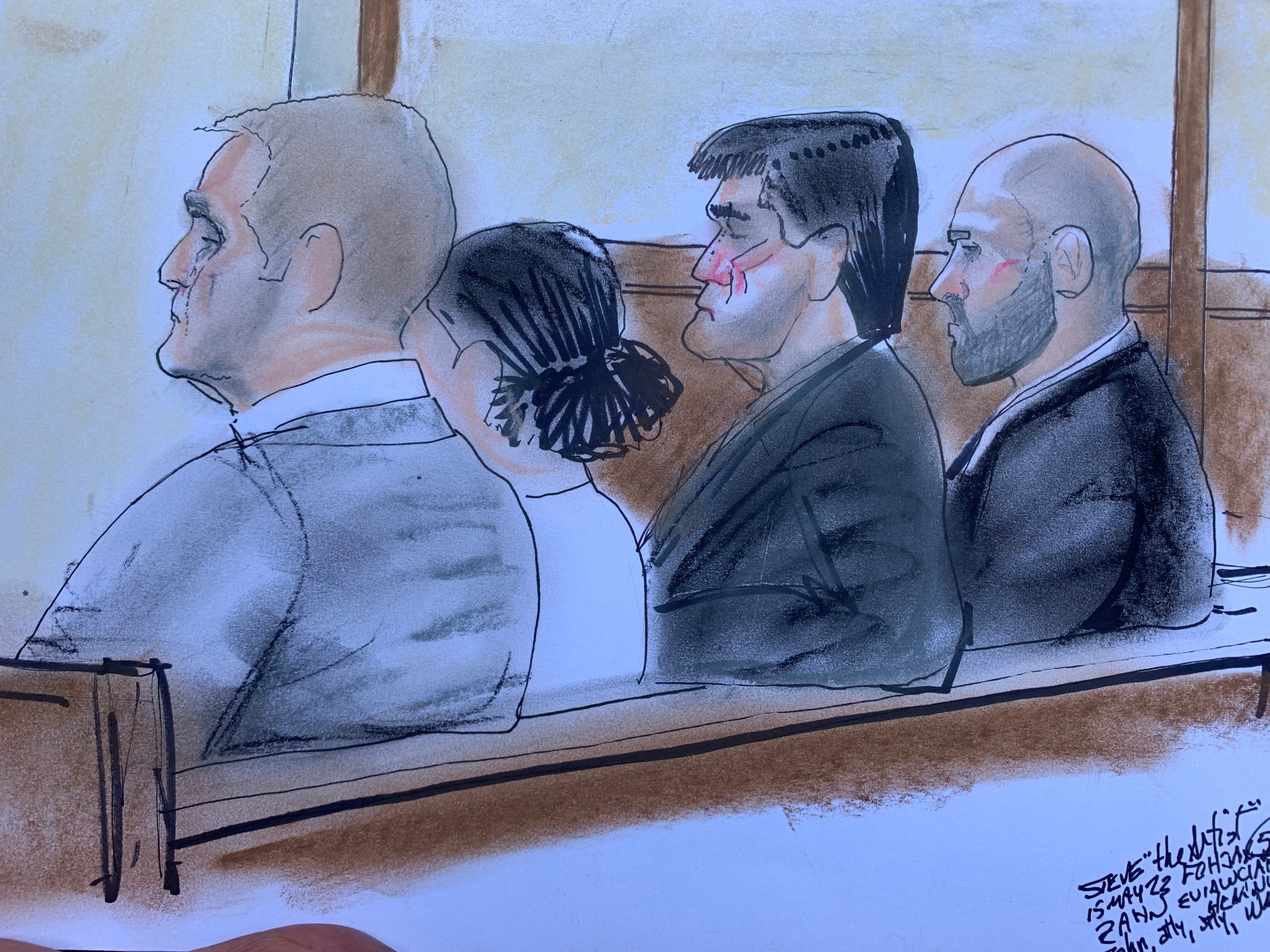 A courtroom sketch of former JEA CEO Aaron Zahn (far left) and CFO Ryan Wannemacher (far right).