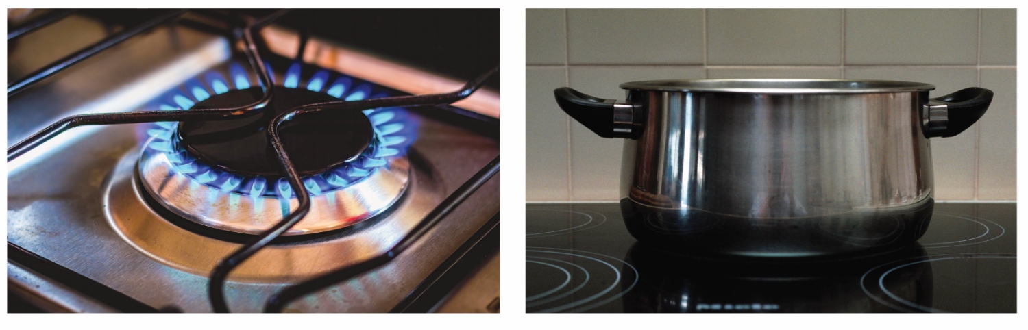 A gas stove top on the left, and an electric stove top on the right.